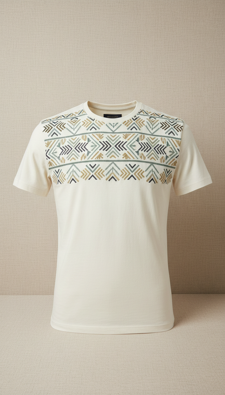 Ivory Mist Slim-Fit T-Shirt with Geometric Detail