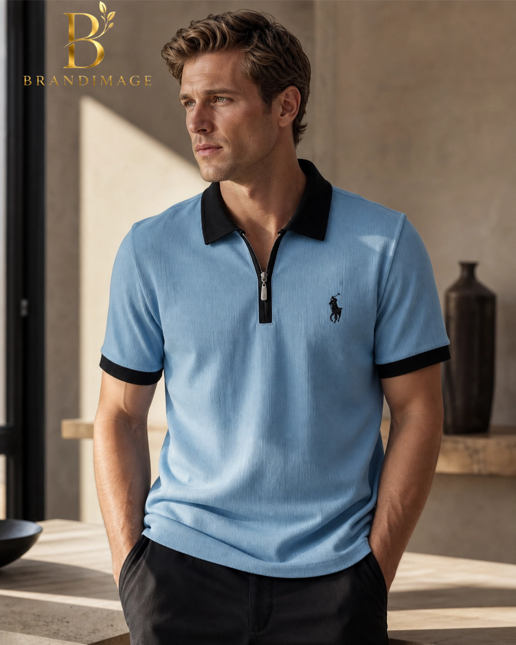 Men's Premium Sky Blue Zipper Polo Shirt
