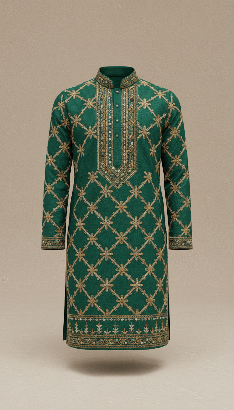 Jade Green Panjabi with Embroidered Motif